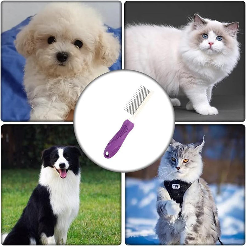 Pet Comb Detangler Grooming Tool with Long and Short Stainless Steel Metal Teeth for Dematting Matted Fur, Combing Out Knots, Removing Tangles from Undercoat