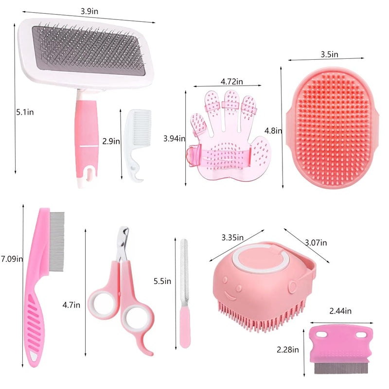 9PCS Small Animal Grooming Kit, Cleaning Brush Removes Loose Hair, Pet Bath Brush,Shampoo Brush, Nail Clipper, Flea Comb (9PCS-Pink) 9PCS-Pink - PawsPlanet Australia