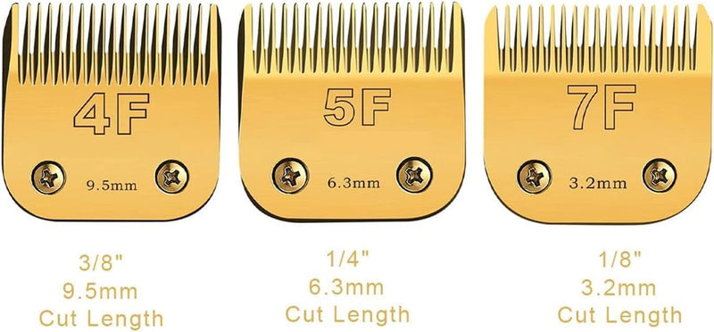 Size 7FC/5FC/4FC Detachable Pet Dog Grooming Clipper Blades Set,Compatible with Andis,Oster A5,Wahl KM Series Clippers,Cut Length 1/8"(3.2mm) to 3/8”(9.5mm),6 Pack-Gold yellow - PawsPlanet Australia