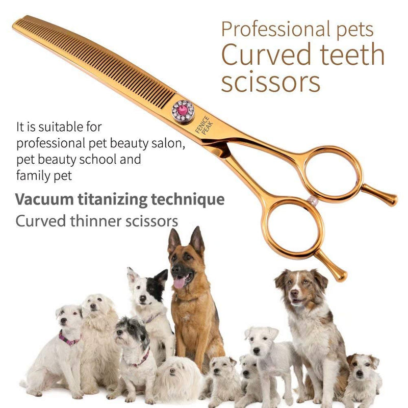 Fenice Peak Professional Dog Grooming Scissors Pet Curved Thinning Shears 7.0'' Extremely Sharp Blades 440C Steel Thinning Scissors Durable Smooth Motion & Fine Cut for Dogs and Cats(Gold) Gold - PawsPlanet Australia