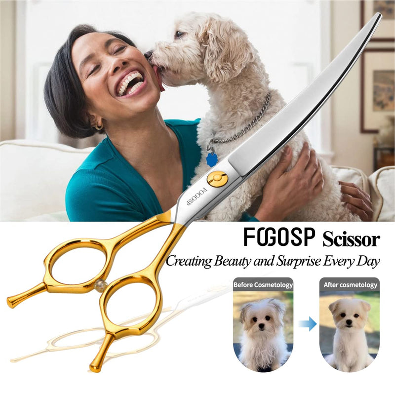 Curved Dog Grooming Scissors Professional 7" Grooming Shears for Dogs Pet Right Handed Groomer Japan 440C Stainless Steel (7 in Curved, Gold) 7 inch - PawsPlanet Australia