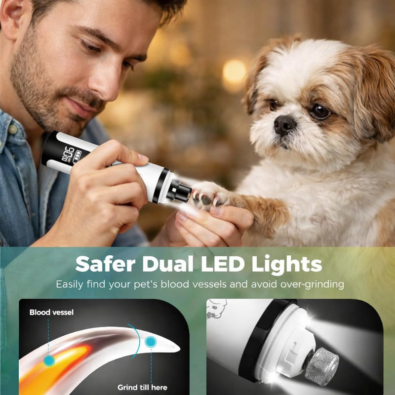 Professional Dog Nail Grinder with LED Quick Sensor Light & LCD Screen, 3-Speed, Corded/Cordless, 8Hr Runtime, Quiet Electric Pet Nail Trimmer Kit w/Clippers, 2000mAh Rechargeable for Dogs & Cats - PawsPlanet Australia