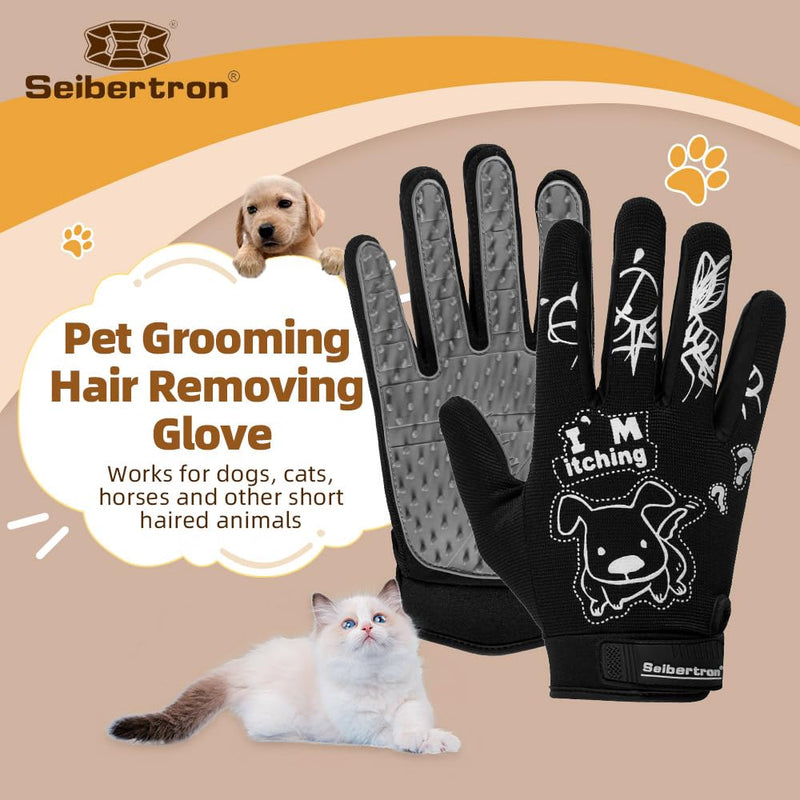Seibertron Patented P.G.M.G-1 Pet Hair Remover/Deshedding Grooming Gloves Seven Sizes Fit All Works for Dogs, Horses, Cats and Other Animals Short Fur(1-Pair) Adult Black XL adult XL adult size black - PawsPlanet Australia