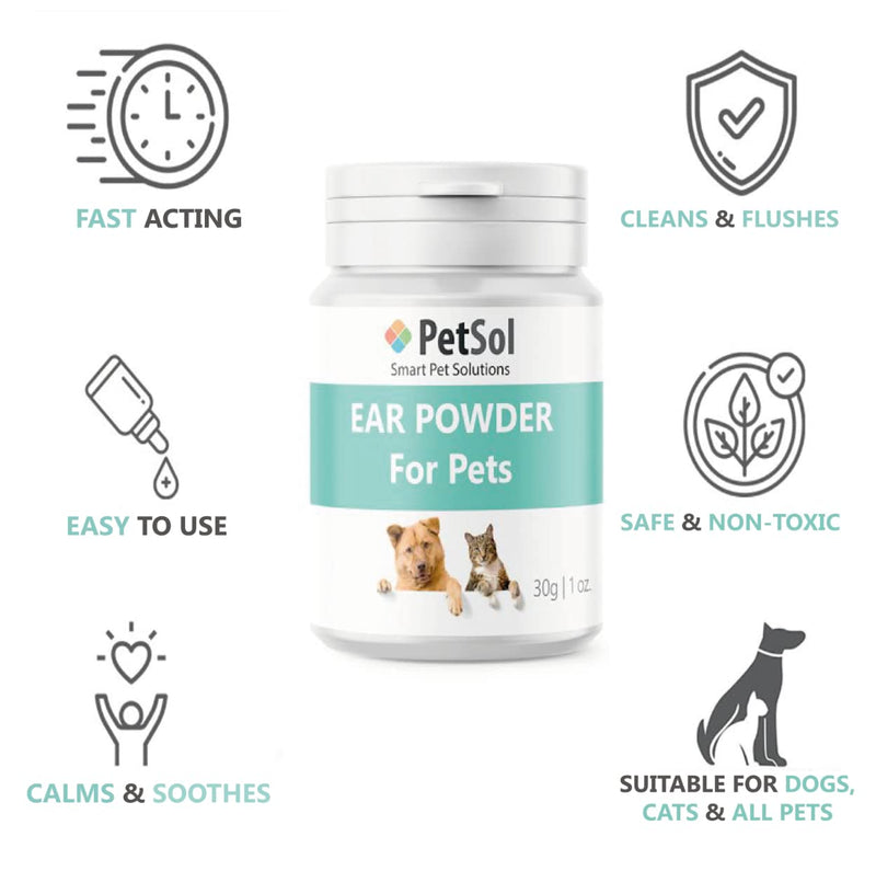 PetSol Fast Acting Ear Powder (Large 30g Tub) - Stops Head Shaking, Wax, Gunk & Ear Odour - PawsPlanet Australia