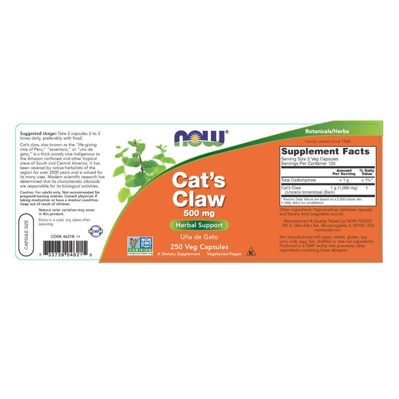 Now Foods Cat's Claw 500mg 250 Vcaps - PawsPlanet Australia