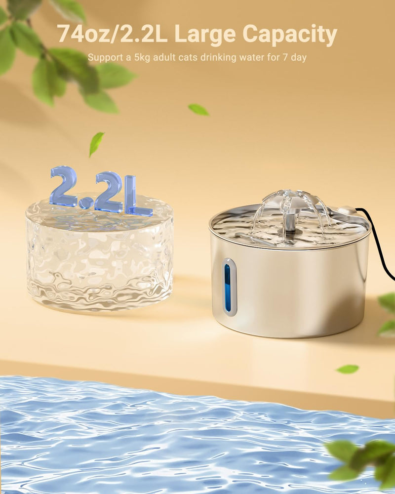 Cat Water Fountain for Drinking - 74oz/2.2L Cat Fountain Stainless Steel Flower Style, Silent Automatic Wired Pet Water Fountain Triple-Filter Water Fountain Cat Bowl 3 Filters 3 Sponges Water Fountain-2.2L+ 3 filters + 3 sponges - PawsPlanet Australia