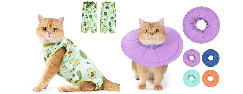 Avont Cat Recovery Suit Bundle with Adjustable Cat Recovery Collar, Soft Lightweight Cone for Cats After Surgery - S