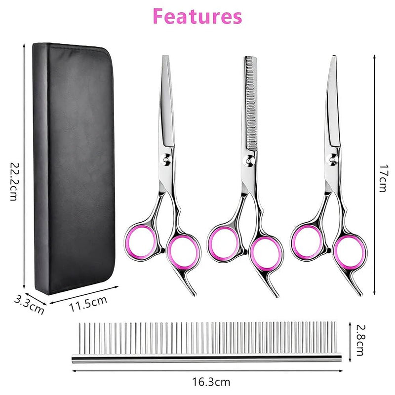 Dog Grooming Scissors, 5 Pcs Stainless Steel Pet Trimmer Kit, Fashion Hair Cutting Grooming Tool for Dogs and Cats - with 6-inch Cutting Scissors, Thinning Shear, Curved Scissors, Grooming Comb C-5 Scissors Set - PawsPlanet Australia