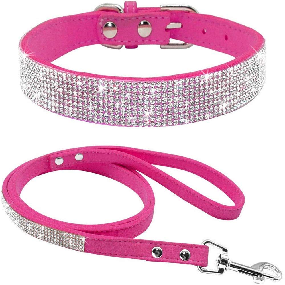 Adjustable Dog Collar Leash Embellished with Sparkly Rhinestones for Dog Cat Fancy Rhinestone Pet Collar Set,Rose Red,XS:(Neck 8-10.6") XS:(neck 8-10.6") Rose Red