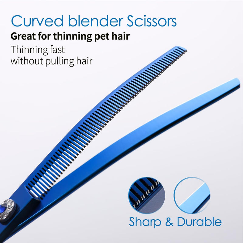 Professional Curved Thinning Shears Dog Grooming Scissors 7.25'' Blue Curved Blender Shears for Grooming Large Dogs Pet 66 Teeth Japan 440C(Curved Thinning) Blue Curved Thinning - PawsPlanet Australia