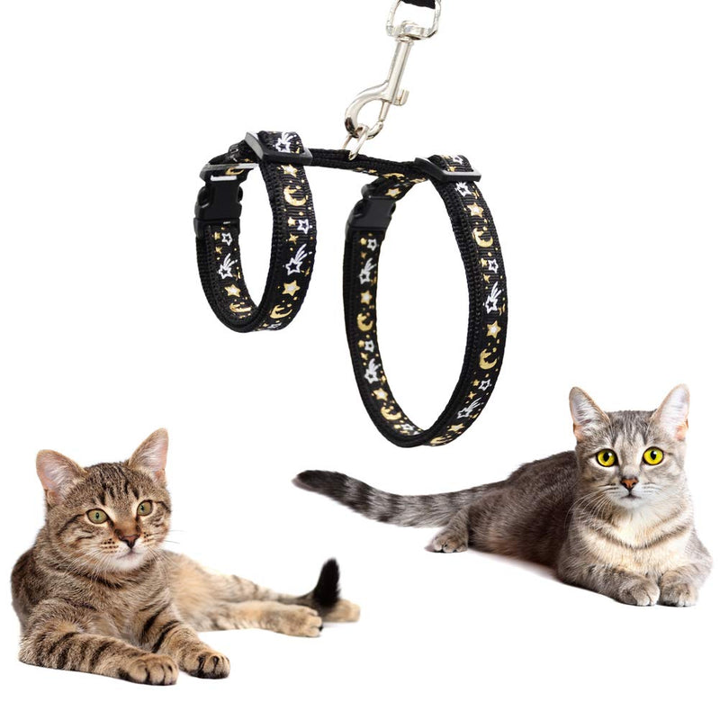 Cat Harness and Leash Set for Outdoor Walking Escape Proof Adjustable Soft Safety Strap with Golden Star and Moon Design Glow in The Dark Black XL - PawsPlanet Australia
