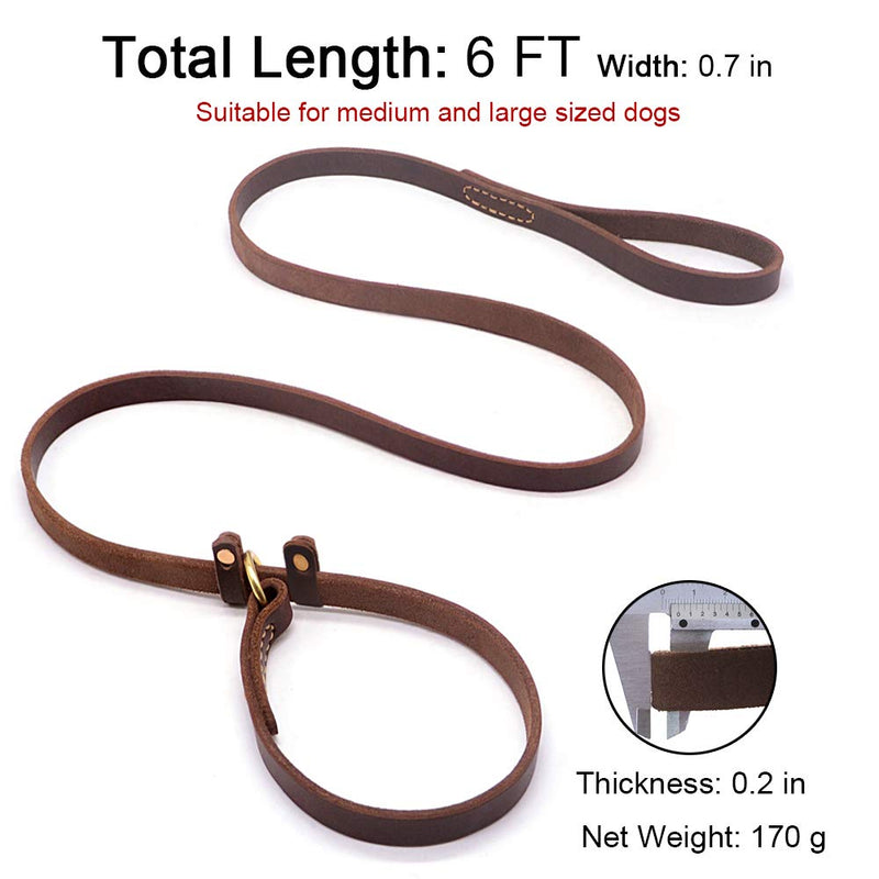 Real Leather Slip Lead Dog Leash, Soft Adjustable Pet Slip Leads with Slider, Heavy Duty Flat Dog Training Leash for Medium and Large Dogs, 6ft Long by 0.7 Inch Wide, Brown 6 Feet - PawsPlanet Australia