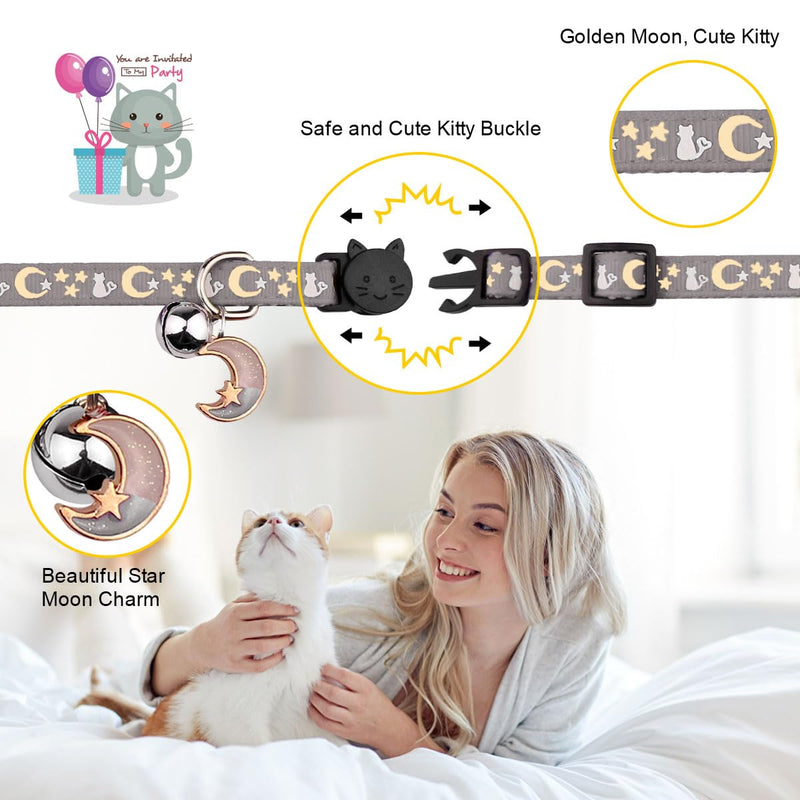 2PCS Breakaway Cat Collars with Bell Cute Kitty Glow in The Dark Adjustable Kitten Collars(Grey&Black) 6.9-10.7 in Grey&Black - PawsPlanet Australia