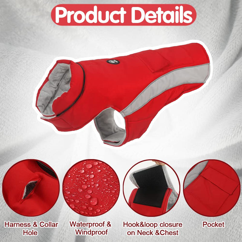 EMUST Dog Winter Coats, Waterproof Dog Winter Jackets with Detachable Hat, Warm Dogs Winter Clothes with Pocket, Cozy Dog Coats for Small/Medium/Large Dogs S Red - PawsPlanet Australia