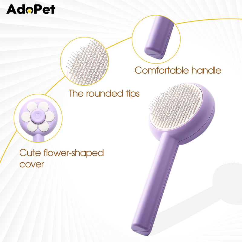 Self-Cleaning Pet Grooming Brush Soft Silicone Bristles, Flower Design for Cats and Dogs – Easy to Use & Gentle Care (Purple)
