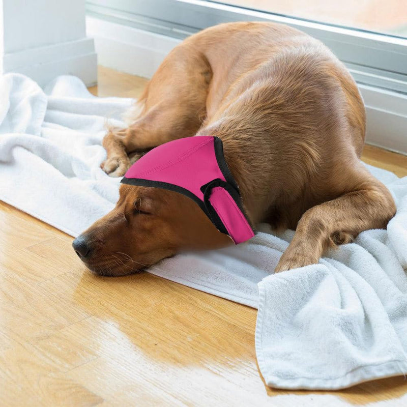 Dog Ear Defender, Waterproof Adjustable Dogs Head Cover Noise Cancelling Windproof Pet Calming Hood for Summer Bathing Water Play Protection Rose Red L