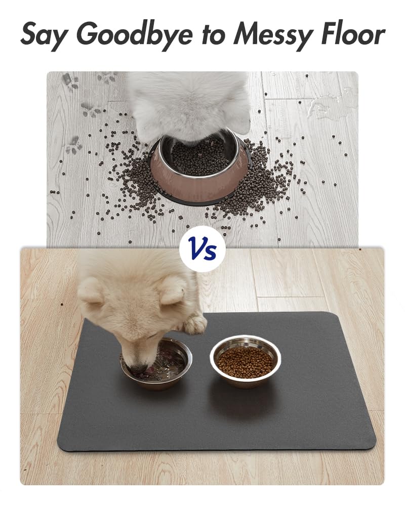 MontVoo-Absorbent Pet Feeding Mat-No Stains Dog Mat for Food and Water Bowl-Quick Dry Dog Cat & Dog Food Mat Water Dispenser Mat-Pet Supplies Mat-Dog Water Bowl Mat for Messy Drinker 12"x19" DARK GREY - PawsPlanet Australia