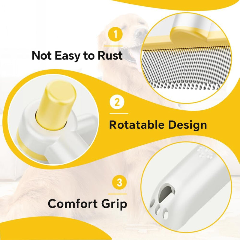 Pet Hair Removal Comb Flea Comb, Multifunctional Cat Brush with Release Button, Grooming Brush Supplies for Detangling Thinning and Shedding, All Hair Types (Yellow) Yellow