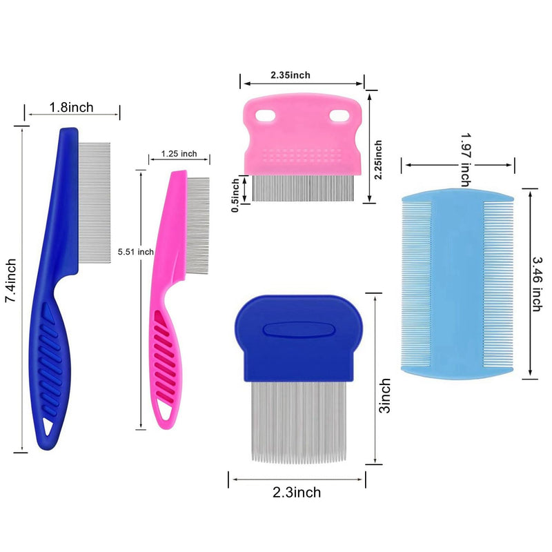 5 Pack Flea Lice Comb,Stainless Steel Dog Cat Grooming Combs with Rounded Teeth,Double Sided Professional Pet Tear Stain Remover,Dematting Tool for Small, Ideal for all pet Blue,Pink