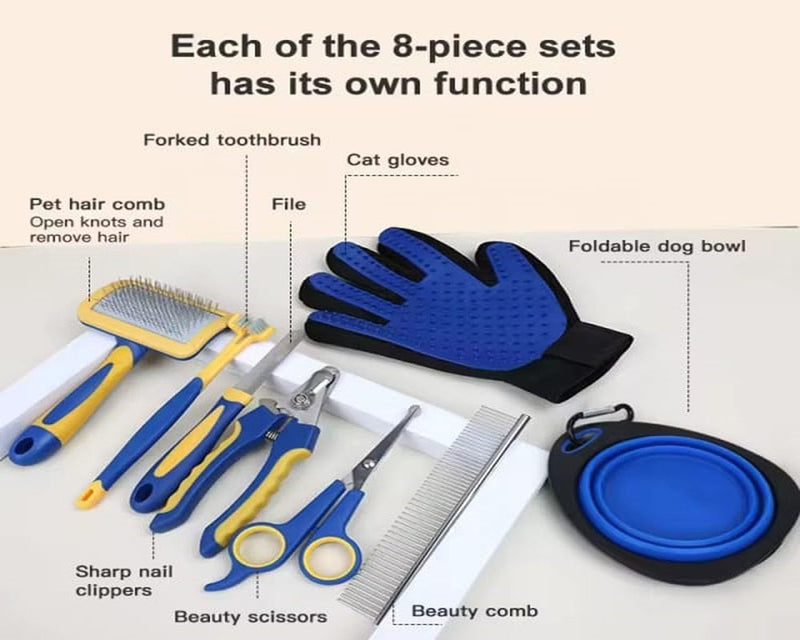 Pet Grooming Kit for Dogs Cats 8 in1 Brush Shedding & Deshedding Tools for Long and Short Haired Dogs and Cats, Dematting Comb Set - PawsPlanet Australia