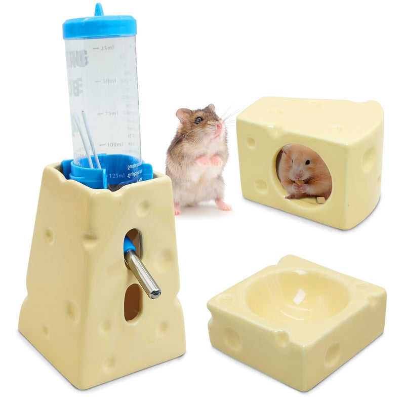 PINVNBY Ceramic Hamsters Hideout, Hamster Food Bowl and Water Bottle with Stand Ceramic Cheese Hamster Cage Accessories for Campbell Gerbil Dwarf to Eat Drink and Play in Habitat(4 PCS) - PawsPlanet Australia