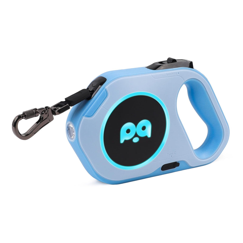 QQPETS Retractable Dog Leash with Rechargeable LED Light - 16 ft Strong Nylon Tape for Night Walks up to 88lbs Pet - 360° Tangle-Free One-Handed Brake, Pause, Lock (Blue) Blue