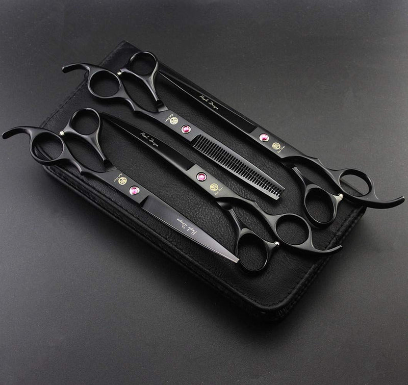 Purple Dragon Professional 7.0 inch 4PCS Pet Grooming Scissors Kit Japan Premium Steel Straight, Curved & Thinning Blade Dog Hair Cutting Shears Set with Case Matte Black - PawsPlanet Australia