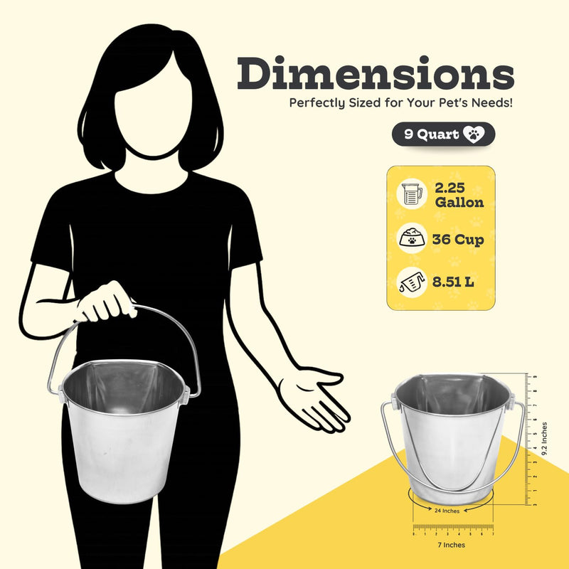 9 Quart Stainless Steel Flat Side Bucket | Durable Heavy Duty Food & Water Feeding Pails for Dog Goat Sheep horse | Fits kennels Cage Critter Crates Hanging Pet Pail | Multipurpose Bucket 9 Quarts - PawsPlanet Australia
