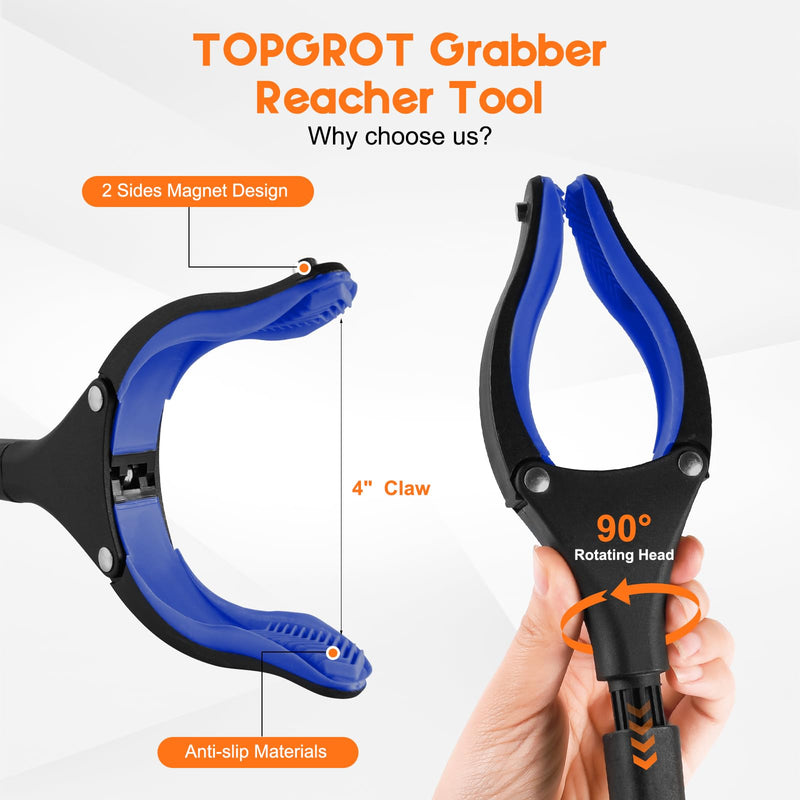 2-Pack Grabber Reacher Tool, 34" Foldable Reacher Grabber Pickup Tool with 360° Anti-Slip Rotating Jaw & Magnets, 4" Wide Claw Opening Reachers for Seniors, Trash Picker Tool 34"