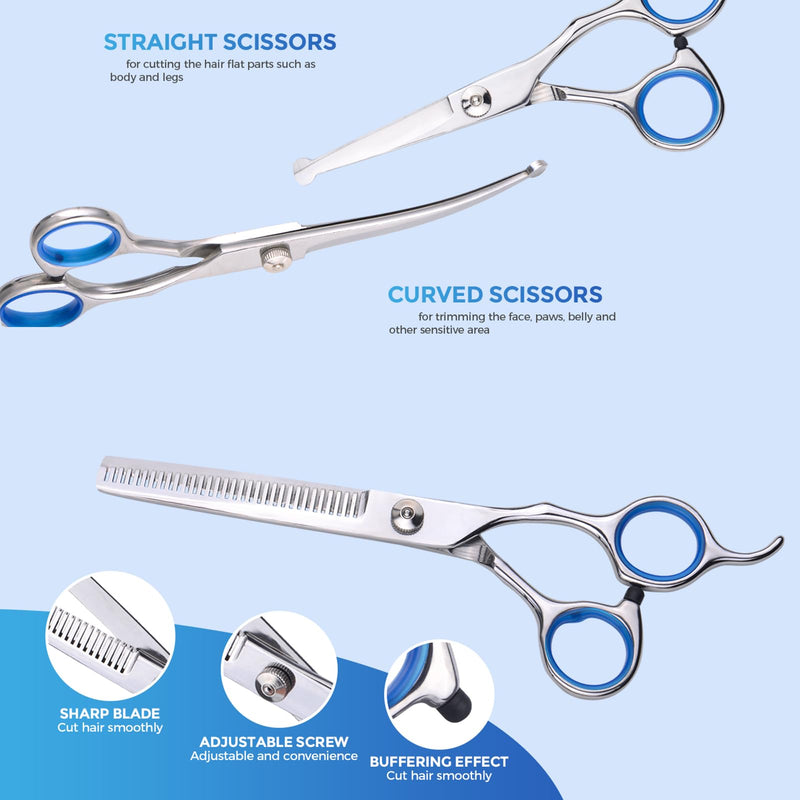 Dog Grooming Scissors with Safety Round Tips, Heavy Duty Titanium Pet Grooming Trimmer Kit, Professional Thinning Shears, Straight Scissors with Comb for Dogs and Cats (Set of 5) Silver Set of 5 - PawsPlanet Australia