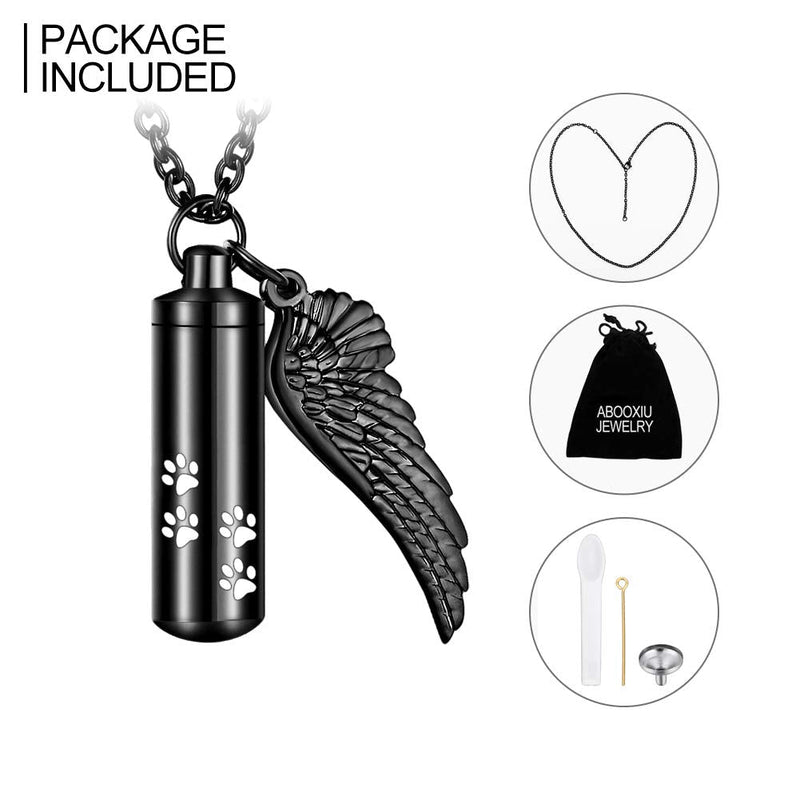 abooxiu Cylinder Cremation Necklace for Pet ashes Urn Necklace with Angel Wing Pet Paw Ashes Necklace for Dog/Cat Pet Memorial Keepsake Jewelry Black-M