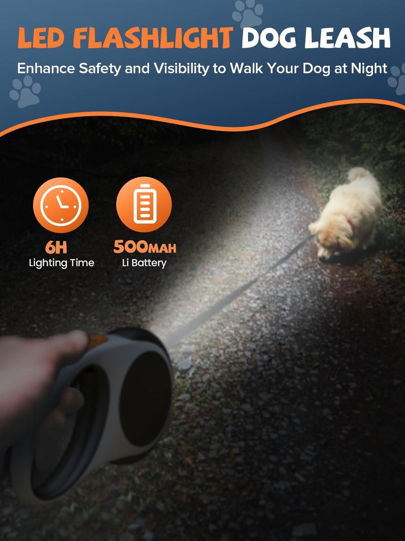 Retractable Dog Leash with LED Flashlight, Douexio Upgrade 3 in 1 Dog Leash Retractable for Small Medium Dogs Up to 66 lbs, Anti-Slip Handle (Black-White) Black-White - PawsPlanet Australia