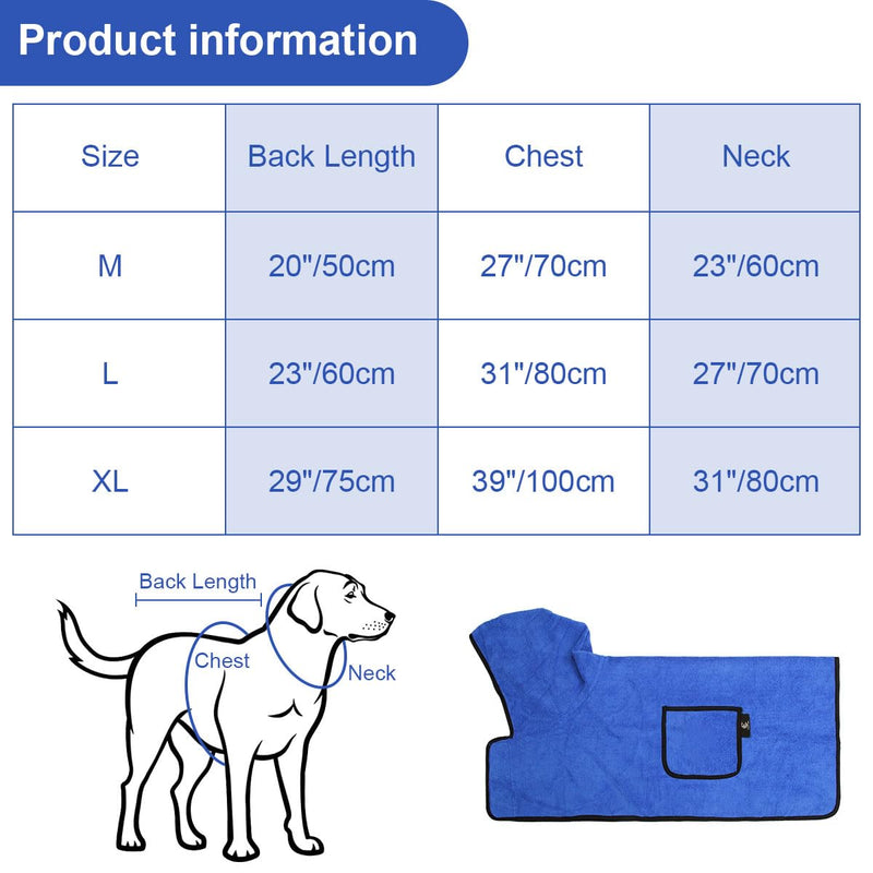 Dog Bathrobe Towel with Double Pocket, Wearable Dog Towel Super Absorbent Fast Drying Pet Towel Soft Dog Bath Robe with Hat and Belt for Medium Large Dogs X-Large:Back Length 29"/75cm - PawsPlanet Australia
