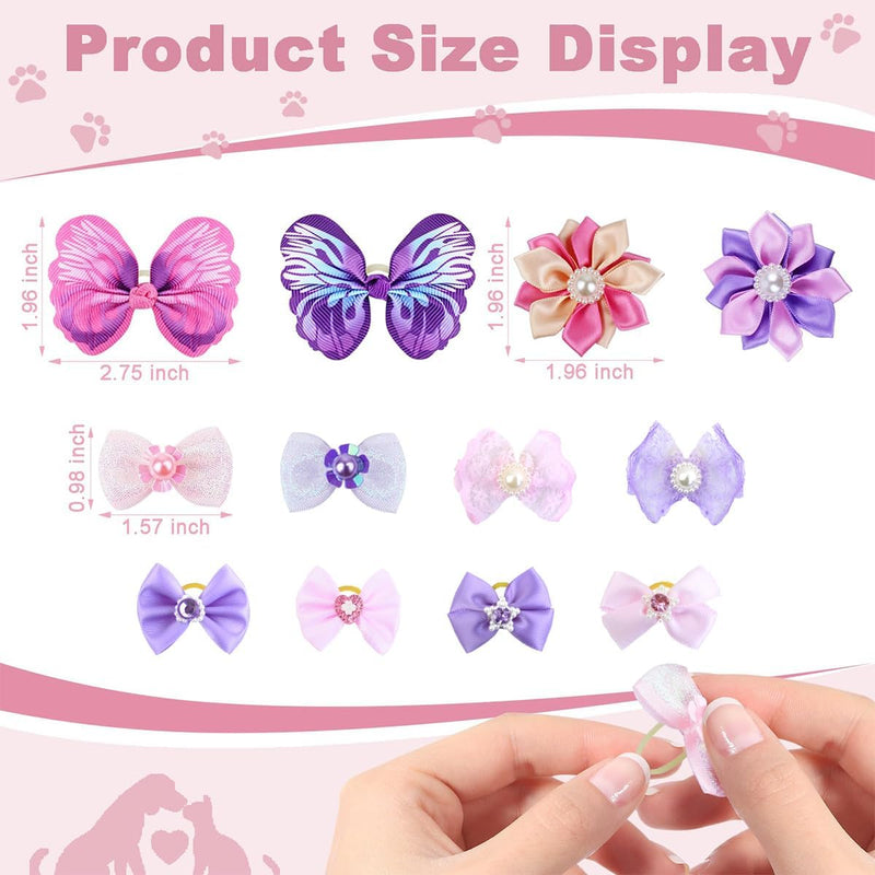 22 Pieces Cute Dog Hair Bows with Elastic Rubber Bands, Small Puppy Hair Accessories with Butterfly Flower Pearls Double Bow Elegant style for Pets Dogs Cats Hair Grooming (Purple and Pink) Elegant Pueple and Pink - PawsPlanet Australia