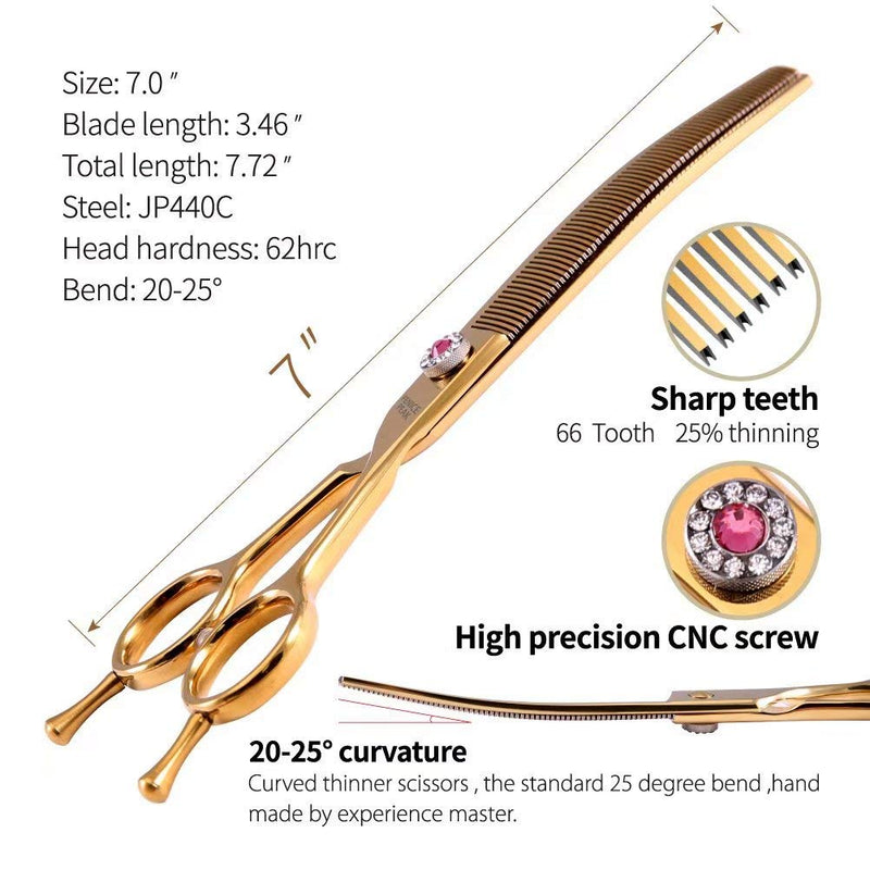 Fenice Peak Professional Dog Grooming Scissors Pet Curved Thinning Shears 7.0'' Extremely Sharp Blades 440C Steel Thinning Scissors Durable Smooth Motion & Fine Cut for Dogs and Cats(Gold) Gold - PawsPlanet Australia