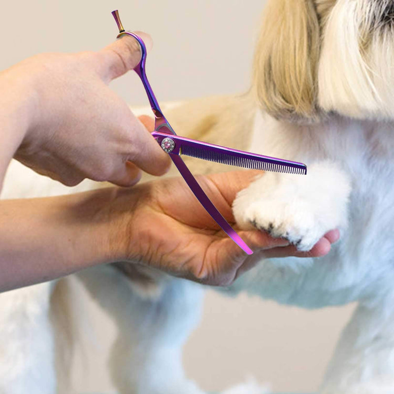 PURPLEBIRD 7 Inch Downward Curved Dog Grooming Scissors Thinning Texturizing Shears Professional Safety Blunt Tip Trimming Shearing for Dogs Cats Face Paws Limbs Japanese Stainless Steel Purple Purple Thinning - PawsPlanet Australia