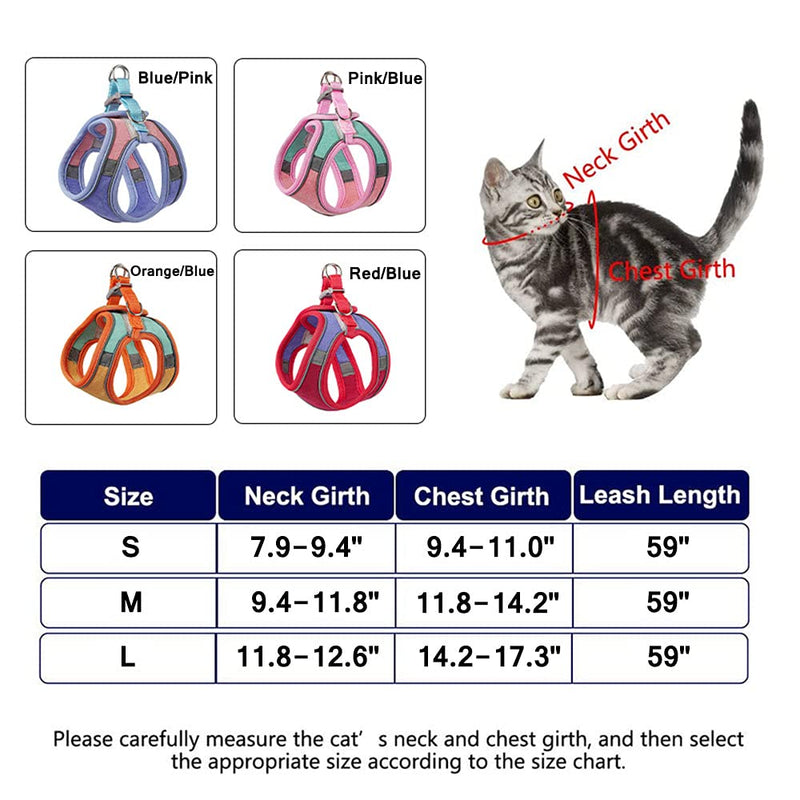 Cat Harness,Leash and Collar Set,Escape Proof Kitten Vest Harness for Walking,Easy Control Night Safe Pet Harness with Reflective Strap and Bell for Small Large Kitten,Fit for Puppy,Rabbit Medium (Pack of 1) Pink/Blue