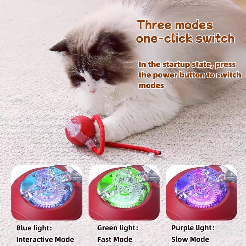 2025 New Interactive Cat Toy Ball for Indoor Cats Dog, Smart 360° Automatic Rolling Pet Ball Kitten Toys with Replace Feather , 3.0 Tail Electric Cat's Toys with LED Light Three Modes Adjustment Red - PawsPlanet Australia
