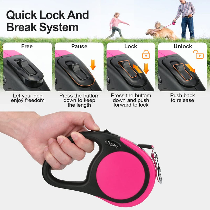 Taglory Retractable Dog Leash, 16ft No Tangle Dog Leash Retractable for Puppy Small Medium Dogs Up to 44 lbs, One-Handed Brake, Pause, Lock, Pink - PawsPlanet Australia