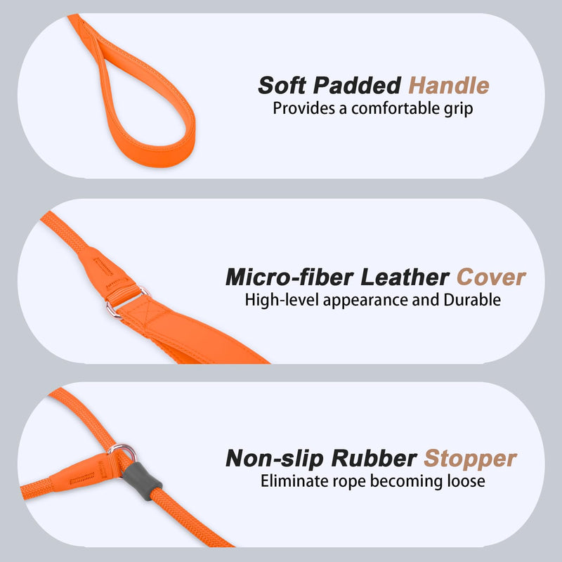 Slip Lead Dog Leash, Double Handle, Soft Leather & Nylon, 6ft Orange - PawsPlanet Australia