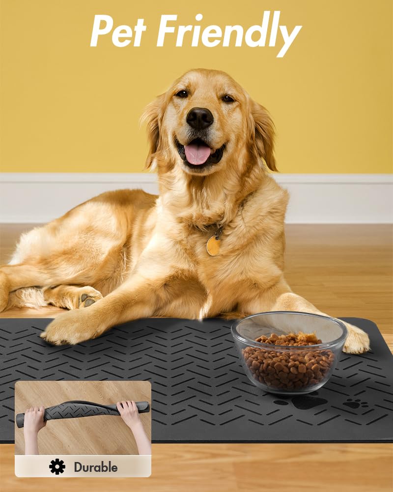 MontVoo-Absorbent Pet Feeding Mat-No Stains Quick Dry Dog Mat for Food and Water Bowl-Rubber Backing Dog Food Mat Dog Water Dispenser Mat-Dog Accessories Pet Supplies-Dog Water Bowl for Messy Drinkers 12" x 19" Dark Grey - PawsPlanet Australia