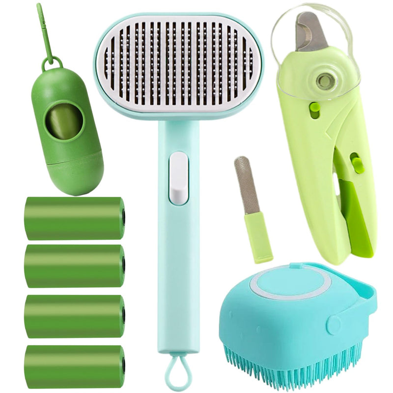 Dog cleaning and grooming 8-piece set, nail files with LED Light and Nail file, dog comb, cleaning brush, Bags Dispenser and trash waste bag, dog poop bags dispenser, grooming supply package - PawsPlanet Australia