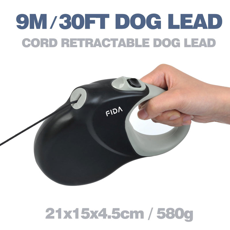 Fida 9m/30FT Retractable Dog Lead Cord, Heavy Duty Dog Leads for Medum/Large Dogs, Tangle Free Extendable Lead for Dogs Up to 50kg/110lbs, Black - PawsPlanet Australia