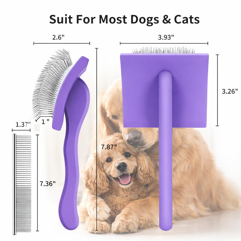 Large Long Pin Slicker Brush for Poodles, Goldendoodles & Long Haired Dogs - 25mm Pins Professional Grooming Tool with Wooden Handle for Thick Curly Coats, Mats & Undercoat - Purple