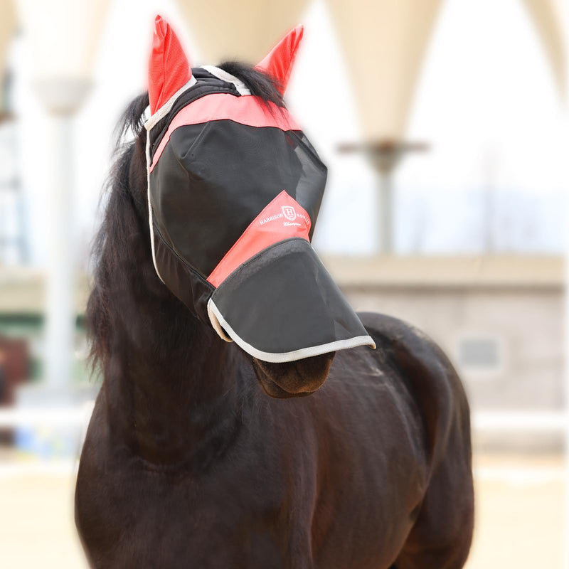 Harrison Howard Horse Fly Mask with Ears & Long Nose Cover, UV Protection, Fine Mesh Fly Mask for Horses, Large Eye Space & Soft Fleece Edging for Turnout & Grazing Orange/Black M