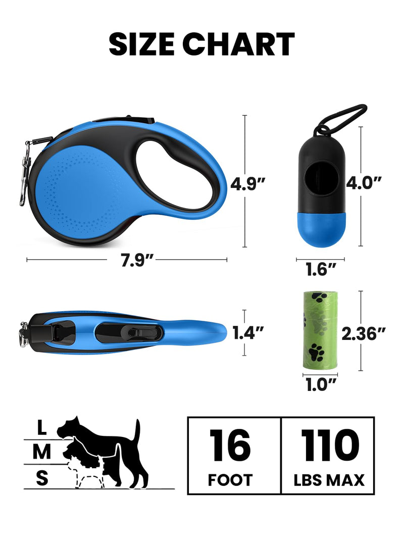 Retractable Dog Leash with Led Light, Douexio 16ft Heavy Duty Dog Leash Retractable for Medium Large Dogs Up to 110lbs,360° Tangle-Free, One-Button Control, High Strength Hook (Blue, 66-110lbs) Blue - PawsPlanet Australia