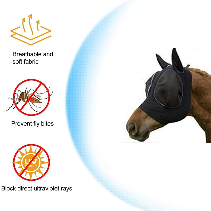 Horse Fly Mask with Ears Protection Professional Sun Comfortable and Breathable Design for Barn Horses Black 44x36cm