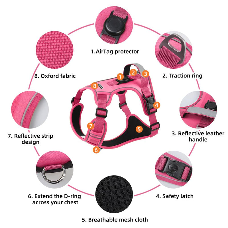 Airtag Dog Harness Chest Plate Reflective No Pull Harness with Leash for Extra Large Dogs (Fuchsia, L) Fuchsia - PawsPlanet Australia