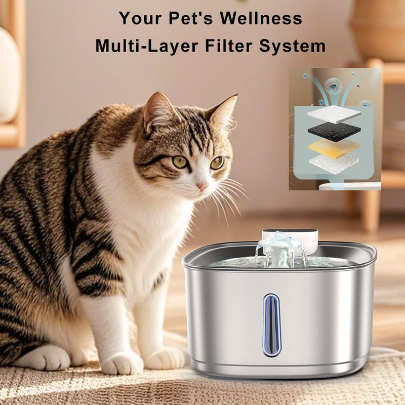 Wireless Cat Water Fountain Stainless Steel, 108oz/3.2L Cat Fountain Battery Operated, Cordless Pet Water Fountain for Cats & Dogs with Motion Sensor, Ultra Quiet Pump, Multi-Filtration 108OZ Wireless Fountain - PawsPlanet Australia