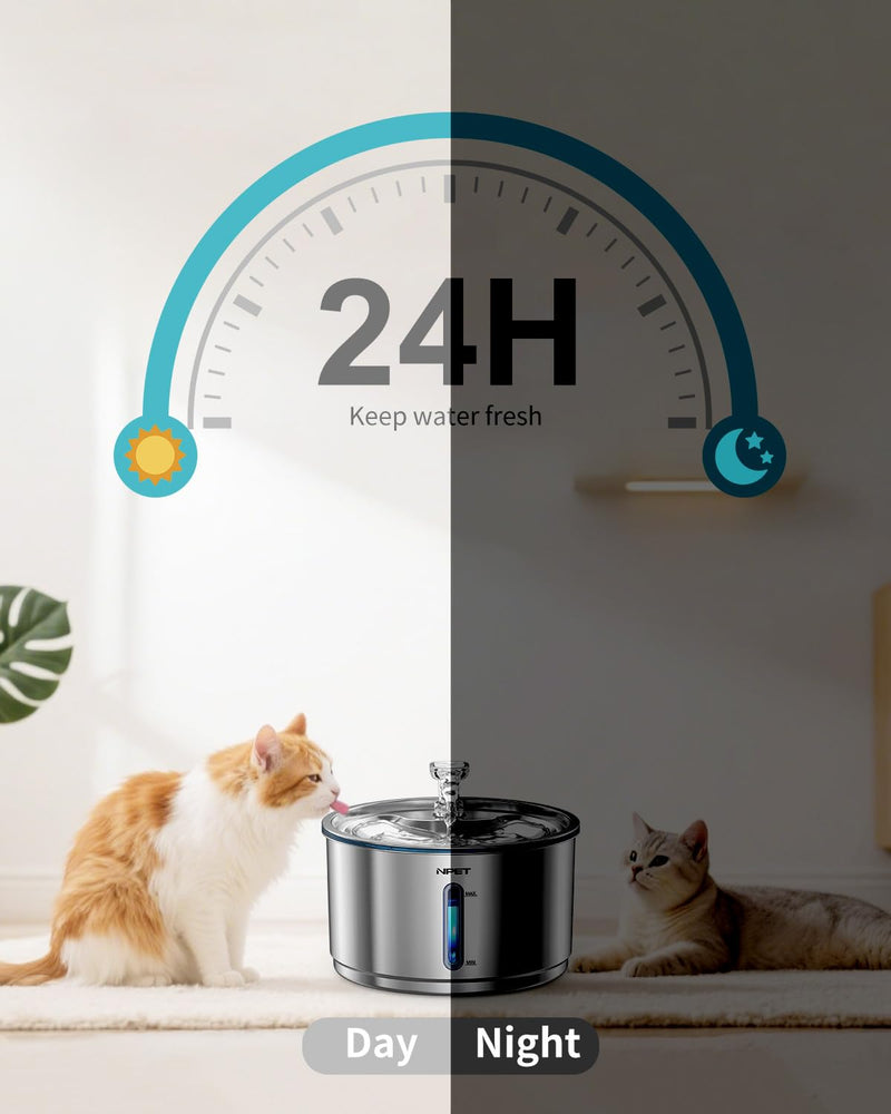 NPET Stainless Steel Cat Water Fountain, 1Gallon/135oz Automatic Pet Drinking Fountain Dog Water Dispenser Bowl with Water Level Window for Cats Indoor - WF210Plus With 1 Filter+1 Sponge 1 Gal Fountain - PawsPlanet Australia